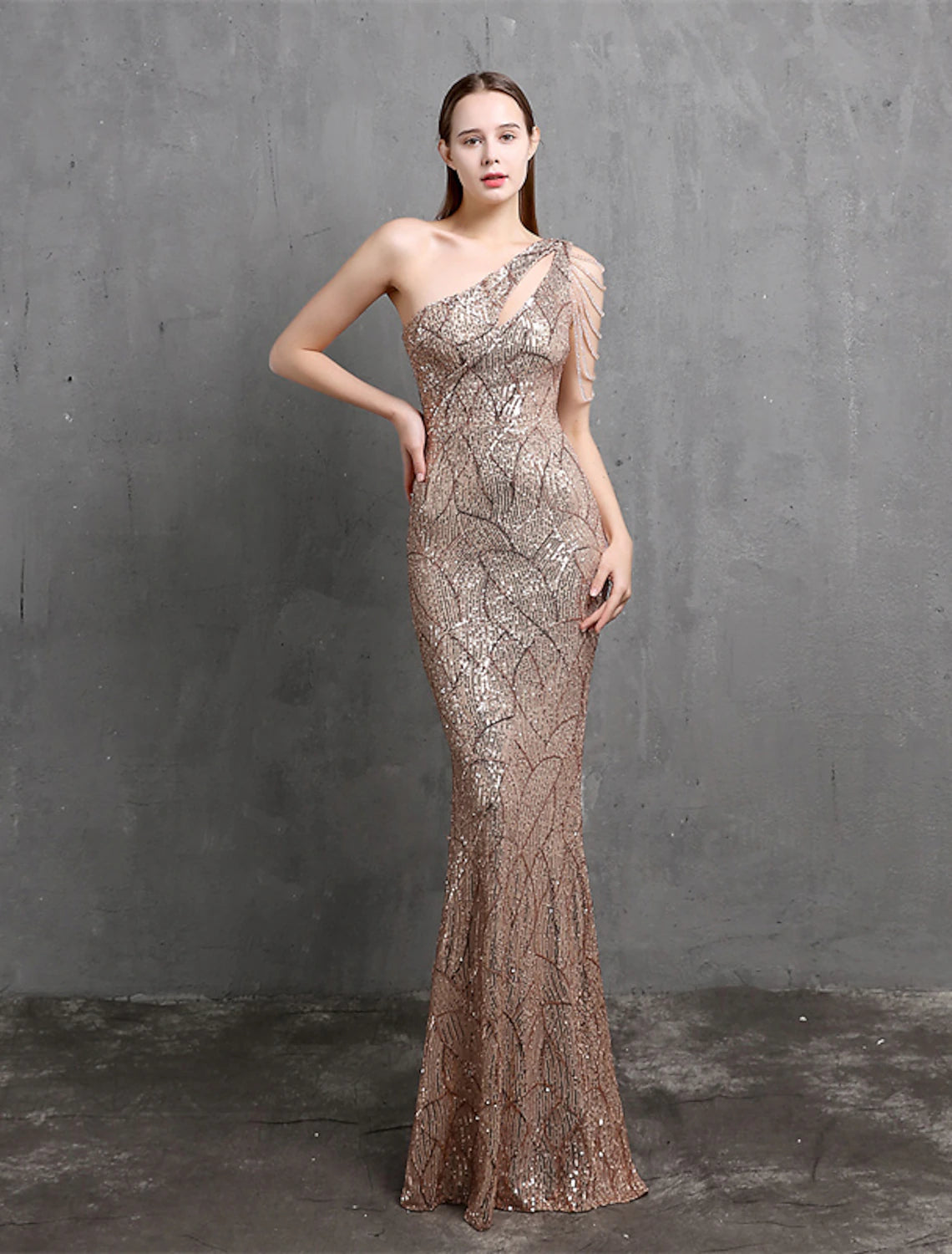 Mermaid / Trumpet Evening Gown Sparkle & Shine Dress Formal Wedding Guest Floor Length Short Sleeve One Shoulder Sequined with Sequin